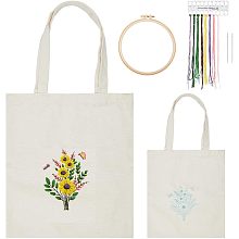 WADORN Canvas Tote Bag Embroidery Kit with Flower Pattern, DIY Canvas Bag Cross Stitch Kit Handmade Sewing Handbag Making Kits Funny Hand Needlepoint Kit Include Hoops Color Threads and Needles, Beige