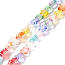 Honeyhandy Transparent Glass Beads, with Glitter Powder, Star, Colorful, 7.5~8x8.3x4mm, Hole: 0.7~1mm, about 50pcs/strand, 14.72~14.92 inch(37.4~37.9cm)