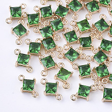 Honeyhandy Transparent Glass Links connectors, with Brass Findings, Faceted, Rhombus, Light Gold, Sea Green, 11x7x4mm, Hole: 1mm, Side Length: 5mm