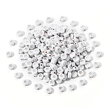 Honeyhandy White Opaque Acrylic Beads, Flat Round with Star, Silver Plated, 7x4mm, Hole: 1.5mm, about 200pcs/bag