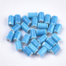 Honeyhandy Handmade Porcelain Beads, Bright Glazed Porcelain Style, Column, Deep Sky Blue, 10~10.5x6mm, Hole: 2mm