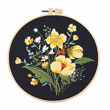 Honeyhandy DIY Flower & Leaf Pattern Embroidery Kits, Including Printed Cotton Fabric, Embroidery Thread & Needles, Imitation Bamboo Embroidery Hoop, Black, 20x20cm