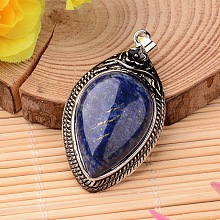 Honeyhandy Teardrop Brass Natural Lapis Lazuli Pendants, 48x27x10mm, Hole: 6x3.5mm