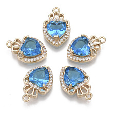 Honeyhandy Glass Pendants, with Micro Pave Cubic Zirconia and Brass Open Back Settings, Faceted, Heart with Crown, Light Gold, Deep Sky Blue, 17.5x11.5x5.5mm, Hole: 1.4mm