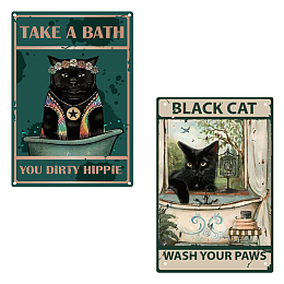 CREATCABIN 2pcs Funny Bathroom Quote Metal Tin Sign Vintage Black Cat Wash Your Paws Sign Take A Bath You Dirty Hippie for Bathroom Kitchen Cafe Wall Decor, 8 x 12 Inch