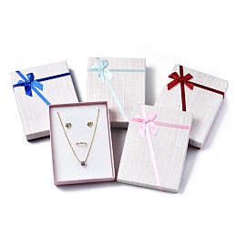 Honeyhandy Cardboard Jewelry Set Box, with Bowknot Ribbon Outside and White Sponge Inside, Rectangle with Tartan Pattern, Mixed Color, 16.2x12.1x3.3cm