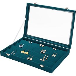 OLYCRAFT Imitation Leather Earring Display Box Teal Earring Organizer Case with Velvet Inside Cabinet Earring Collection Display Case with Clear Lid for Earrings Display Storage - 13.8x9.5x1.9 Inch