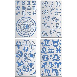 BENECREAT 4PCS 4x7 Inch Mixed Constellations Metal Stencils Zodiac Glyphs Symbols/Viking Compass Stencils for Wood carving, Drawings and Woodburning, Engraving and Scrapbooking Project