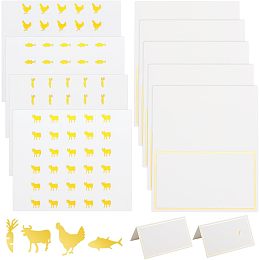 OLYCRAFT 240pcs 4 Style Gold Meal Sticker 0.4 Inch with 60pcs Table Place Cards Food Choice Sticker Set Cow/Chicken/Fish/Carrot Wedding Meal Stickers with Blank Table Cards for Wedding Party Supplies