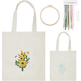 WADORN Canvas Tote Bag Embroidery Kit with Flower Pattern, DIY Canvas Bag Cross Stitch Kit Handmade Sewing Handbag Making Kits Funny Hand Needlepoint Kit Include Hoops Color Threads and Needles, Beige