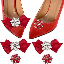 NBEADS 2 Pairs Rhinestone Bow Shoe Clips, 2 Styles Flower Shoe Clip Removable Shoe Clips Bow Rhinestone Shoe Decorations for Shoe Decoration Buckle Accessories Wedding, Red