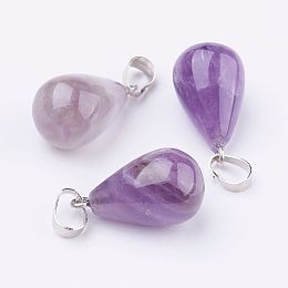 Honeyhandy Natural Amethyst Pendants, with Platinum Tone Brass Findings, teardrop, 31x14mm, Hole: 5x7mm