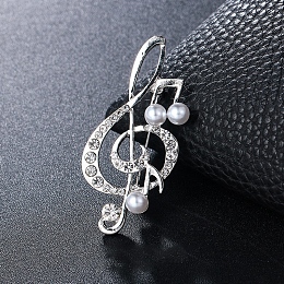 Honeyhandy Crystal Rhinestone Music Note Brooch Pin with Imitation Pearl Beaded, Alloy Badge for Backpack Clothes, Platinum, 54x25mm