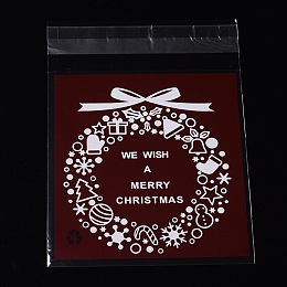 Honeyhandy Rectangle OPP Cellophane Bags for Christmas, with Wreath Pattern, Dark Red, 14x9.9cm, Unilateral Thickness: 0.035mm, Inner Measure: 11x9.9cm, about 95~100pcs/bag