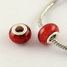 Honeyhandy Large Hole Acrylic European Beads, with Silver Color Plated Brass Double Cores, Rondelle, Red, 14x9mm, Hole: 5mm