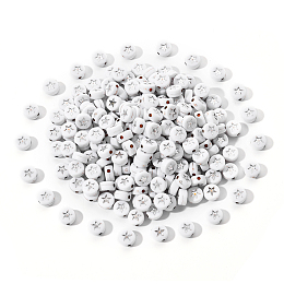 Honeyhandy White Opaque Acrylic Beads, Flat Round with Star, Silver Plated, 7x4mm, Hole: 1.5mm, about 200pcs/bag