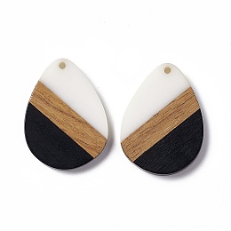 Honeyhandy Opaque Resin & Walnut Wood Pendants, Water Drop Charms, Black, 35.5x26x3.5mm, Hole: 2mm