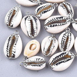 Honeyhandy Electroplate Cowrie Shell Pendants, with Iron Findings, Platinum, 18~24x10~14x6~7mm, Hole: 1.5mm