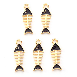 Honeyhandy Light Gold Plated Alloy Enamel Pendants, Fishbone, Black, 24x8x1.5mm, Hole: 2mm