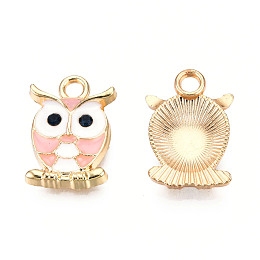 Honeyhandy Alloy Enamel Pendants, with Rhinestone, Light Gold, Owl, Pink, 17x11.5x3.5mm, Hole: 2.5mm