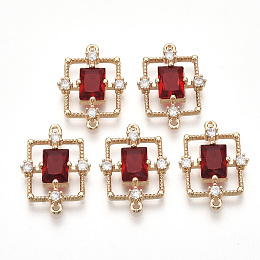 Honeyhandy Golden Tone Brass Links connectors, with Faceted Glass and Rhinestone, Rectangle, Red, 19x13.5x3.5mm, Hole: 1mm