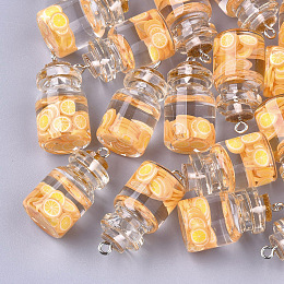 Honeyhandy Glass Bottle Pendants, with Resin & Polymer Clay & Iron Findings, Orange, Platinum, Gold, 28~29x15mm, Hole: 2mm