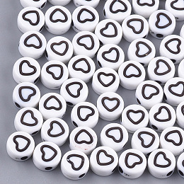 Honeyhandy Craft Style Acrylic Beads, Flat Round with Heart, White, 7x3.5mm, Hole: 1.5mm, about 400~440pcs/50g