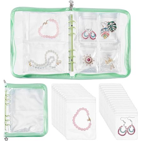 Transparent Jewelry Organizer Storage Zipper Bag, 3 Inch 5 Inch Jewelry Storage Loose Leaf Album with 60Pcs Zip Lock Bags, Holder for Rings Earring Necklaces Bracelets, Rectangle, Light Green, 23x18.5x2.5cm