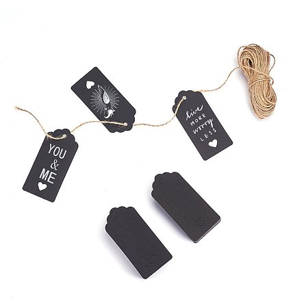 NBEADS 100 Pcs Black Rectangle Kraft Paper Tags DIY Tags for Wedding Party Supplies Craft Hang Tags with Free 20m Hemp Yarn Cords, 3.7 x 1.8 inch