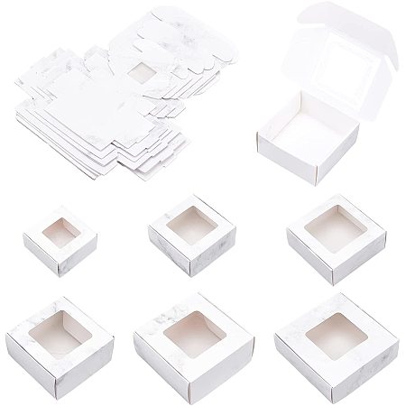 BENECREAT 24 Pack Marble Paper Gift Boxes with Window 6 Mixed Size Square White Bakery Treat Boxes for Candies, Soap, Party Favor Treat Boxes