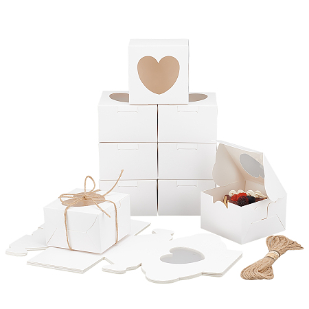 BENECREAT 20Pcs Square Paper Bakery Boxes with Window, White Cupcake Gift Box with 1 Bundle Jute Cord for Mini Cake, Cupcake, Cookie, 10x10x6.5cm