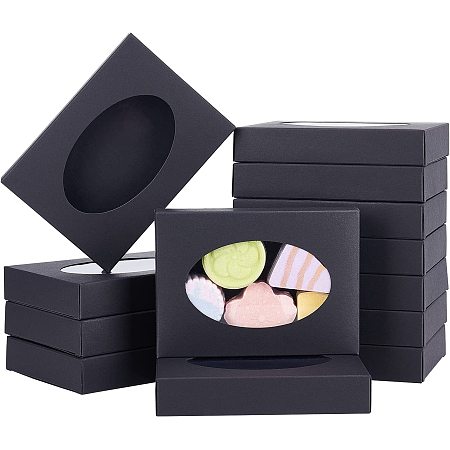 BENECREAT 20 Packs 5.5x3.9x1inch Clear Oval Window Gift Boxes, Black Kraft Paper Present Boxes for Party Favor Treats, Handmade soap and Jewelry Packaging
