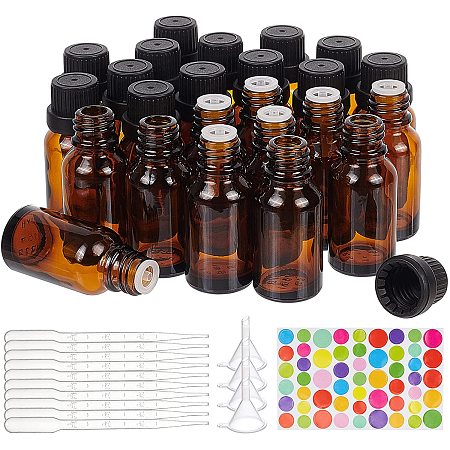 BENECREAT 24 Pack 15ml Brown Glass Essential Oil Bottles Refillable Container Kits with Plastic Droppers, Funnel Hoppers and Sticker for Aromatherapy Fragrance Cosmetic Oil
