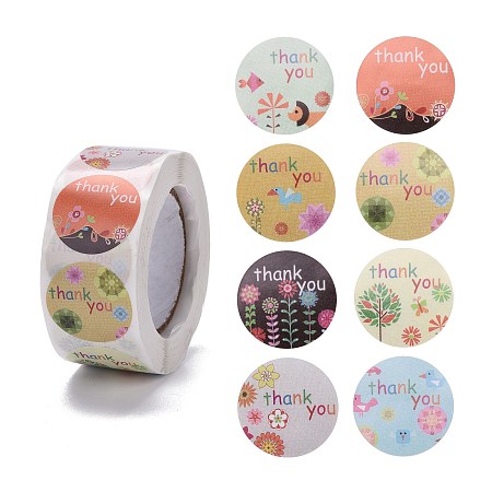 ARRICRAFT Flat Round Paper Thank You Stickers, with Word Thank you, Self-Adhesive Gift Tag Labels Youstickers, Flower Pattern, 6.3x2.95cm, 500pcs/roll