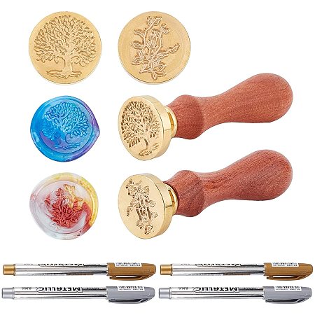 CRASPIRE Wax Seal Stamp Set, 2 Pieces Vintage Sealing Wax Stamps Copper Seals + 2pcs Wooden Handle & 4pcs Marking Pens, Wax Stamp Kit for Wedding Invitations Cards Envelopes(Tree of Life + Flower)