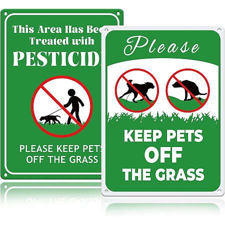 GLOBLELAND 2pcs This Area Has Been Treated with Sign Please Keep Pets Off The Grass Sign 9.8x7.1 inch Warning Aluminum Yard Sign for Park Zoo Gate Yard Lawn Home Wall Decoration