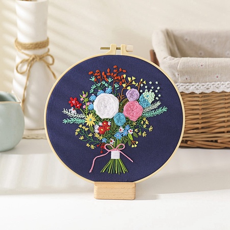Honeyhandy DIY Bouquet Pattern Embroidery Kit, Including Imitation Bamboo Frame, Iron Pins, Cloth, Colorful Threads, Midnight Blue, 213x201x9.5mm, Inner Diameter: 183mm