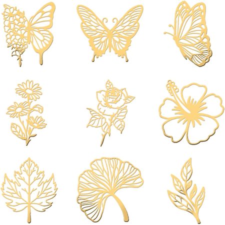 OLYCRAFT 9Pcs Orgonite Sticker Butterfly Sticker Flower Leaf Decorate Stickers Self Adhesive Golden Metal Stickers for Scrapbooks DIY Resin Crafts Phone Water Bottle Decor - 1.6x1.6 Inch