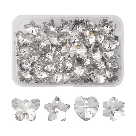 40Pcs 4 Style Electroplated Glass Pendants, Silver Plated Bottom, Faceted, Snowflake & Heart & Butterfly & Star, Clear, 12~14x12~15x7~8mm, Hole: 1~1.5mm, 10pcs/style