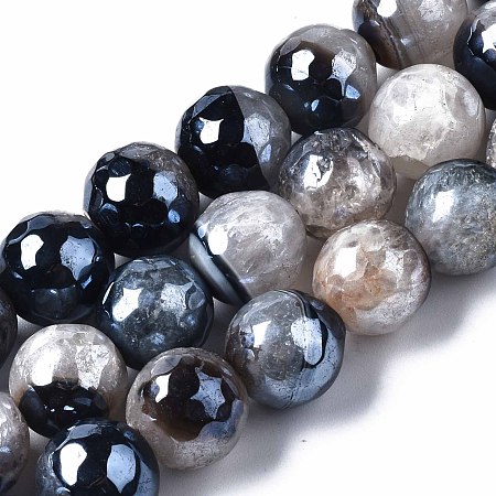 Honeyhandy Natural Agate Beads Strands, Pearl Luster Plated, Faceted, Round, Dark Blue, 12mm, Hole: 1.6mm, about 30~33pcs/strand, 13.70~15.75 inch(34.8~40cm)