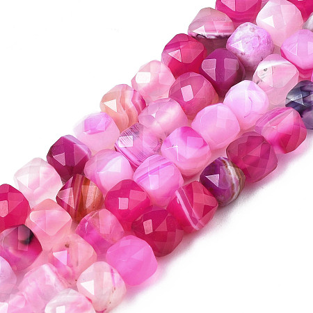 Natural Banded Agate/Striped Agate Beads Strands, Faceted, Dyed, Cube, Hot Pink, 5~6x5~6x5~6mm, Hole: 1mm, about 61pcs/strand, 12.60 inch~12.80 inch(32~32.5cm)