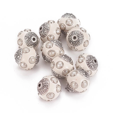 Honeyhandy Handmade Indonesia Beads, with Metal Findings, Round, Antique Silver, Old Lace, 14~15x14.5~15mm, Hole: 1.6mm