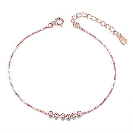 Arricraft Simple Elegant 925 Sterling Silver Anklet, with Six Small Beads, Rose Gold, 21cm