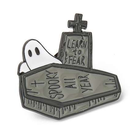 Honeyhandy Alloy Enamel Brooches, Enamel Pin, for Halloween, with Rubber Clutches, Ghost with Coffin, Word Learn To Fear Spooky All Year, Dark Olive Green, Electrophoresis Black, 30x30.5x10.5mm, Pin: 1.2mm