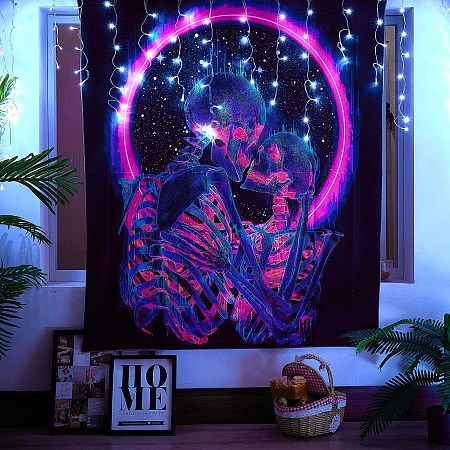 Honeyhandy Black Light Skull Wall Tapestry, Glow in the Dark Skeleton Trippy Tapestry, for Psychedelic Neon Party Wall, Bedroom, Living Room, Orchid, 59.1