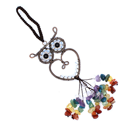 Honeyhandy Opalite Owl Pendant Decorations, Colorful Gemstone Chip Beaded Tassel Hanging Ornament, with Metal Frame, 180mm