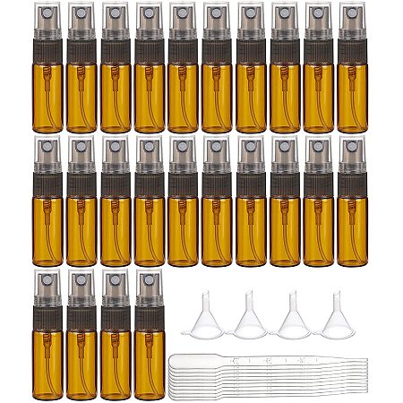 BENECREAT 24 Pack 5ml Amber Glass Spray Bottles Refillable Perfume Fine Mist Sample Bottles with 4pcs Plastic Funnels, 10pcs Plastic Droppers(3ml) for Travel, Cleaning, Essential Oils