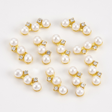 Alloy Rhinestone Cabochons, with ABS Plastic Imitation Pearl, Nail Art Decoration Accessories, Golden, Crystal, 11.5x4.5x4mm