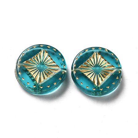 Transparent Acrylic Beads, Golden Metal Enlaced, Flat Round, Teal, 15~15.5x4.5mm, Hole: 1.5~1.8mm, about 606pcs/500g