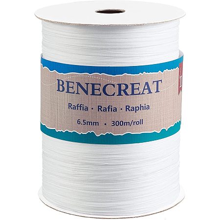 BENECREAT 328 Yards 8mm Wide Raffia Ribbon Raffia Paper Craft Ribbon Packing Twine for Festival Christmas Gifts DIY Decoration and Weaving, White